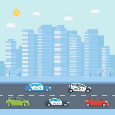 Police patrol cars on road with skyscrapers on background. Flat vector illustration. clipart