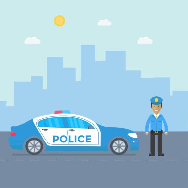 Polis arabası ve memur bey, arka plan üzerinde gökdelenler ile yolda polis devriye. Düz vektör çizim.