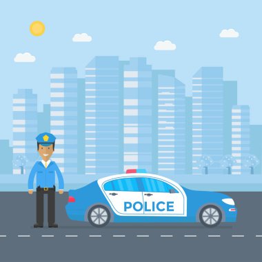 Polis arabası ve memur bey, arka plan üzerinde gökdelenler ile yolda polis devriye. Düz vektör çizim.