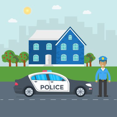 Yol ve mavi ev arka plan üzerinde polis devriye. Düz vektör çizim.