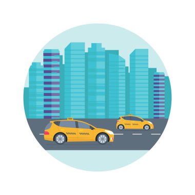 Genel taksi hizmet anlayışı ile zemin üzerine sarı taksi taksi modern gökdelenler. Düz vektör çizim.