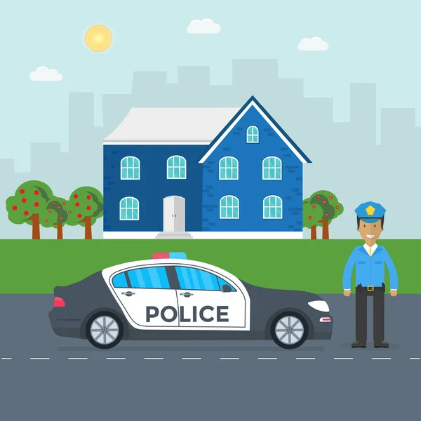 Patrulla Policial Carretera Casa Campo Azul Fondo Ilustración Vectorial Plana — Vector de stock