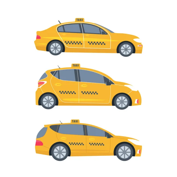 Uppsättning Gul Cab Isolerad Vit Bakgrund Offentlig Taxi Servicekoncept Flat — Stock vektor