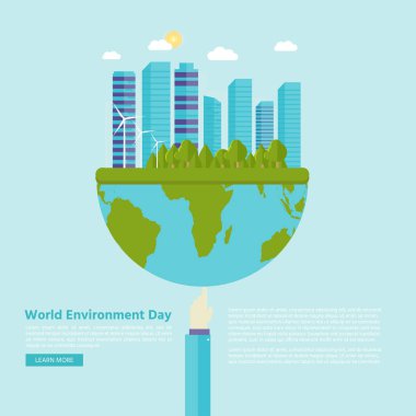 Yeşil şehir arka plan ile mutlu dünya çevre günü kartpostal