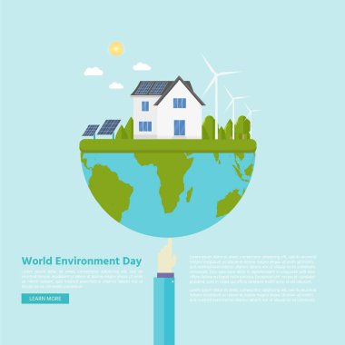 Yeşil şehir arka plan ile mutlu dünya çevre günü kartpostal