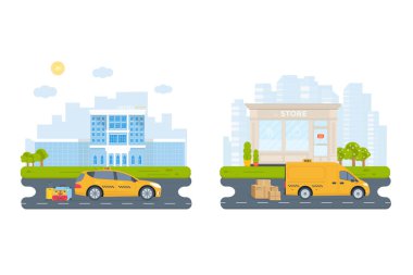 Şehrin makine sarı taksi ile banner. Genel taksi hizmet anlayışı. Cityscape, Havaalanı, otel, mağaza arka plan üzerinde. Düz vektör çizim.