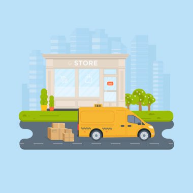 Şehirdeki sarı taksi ile banner. 