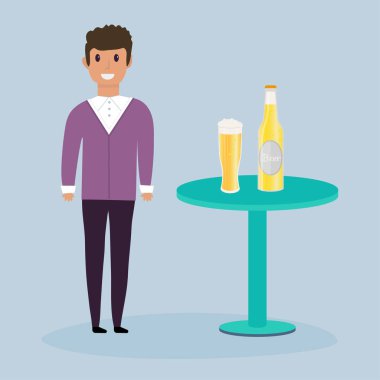 Genç adam bira şişesi ve kupa, illüstrasyon vektör
