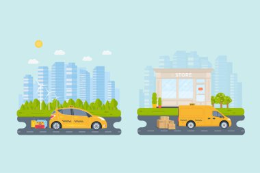 Şehrin makine sarı taksi ile banner. Genel taksi hizmet anlayışı. Cityscape, Havaalanı, otel, mağaza arka plan üzerinde. Düz vektör çizim