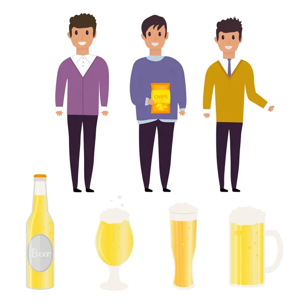 有啤酒瓶 杯子和眼镜的年轻人 带有酒精饮料的矢量图标 工艺啤酒 — 图库矢量图片