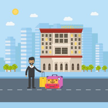 Pahalı lüks otel şehrin bina karakter ve Bagaj, şehir manzarası, önden görünüm cityscape ile sokak yol üzerinde düz vektör motel. Seyahat ve Turizm kavramı.