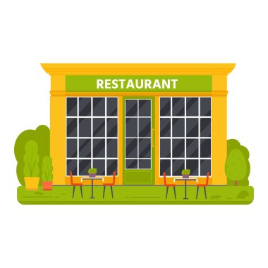 Beyaz arka plan üzerinde izole düz tasarım Restoran dış, dükkanı cephe mağaza açık pencere binalar simge vektör.