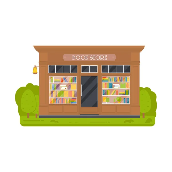 Vektor Flache Design Restaurants Außen Und Ladenfassade Buchhandlung Schaufenster Gebäude — Stockvektor