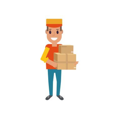 Beyaz arka plan üzerinde izole lojistik ve teslimat simgesi hizmet: paketler, kutusu, parsel ile kuryeler gülümseyerek. Posta servisi yaratıcı tasarım. Vektör düz çizim.