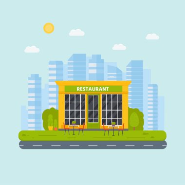 Vektör düz tasarım Restoran dış, dükkanı cephe mağaza açık pencere binalar simgesi şehir arka plan üzerinde.