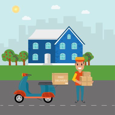 Lojistik ve teslimat hizmeti kavramı: motosiklet, paketleri, scooter, bina ve şehir arka plan ile kuryeler gülümseyerek. Posta servisi yaratıcı simgeleri tasarım. Vektör düz çizim