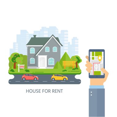 Banner reklam ev, yazlık ağaçları ile satış, el holding telefon için. Ev satın alma teklifi. Gayrimenkul Kiralama. Vektör düz tasarımı, kentsel peyzaj.