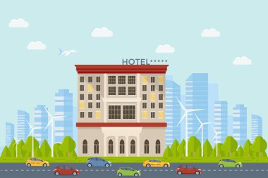 Pahalı lüks otel şehrin bina olan arabalar, şehir manzarası, önden görünüm cityscape sokak yol üzerinde düz vektör motel. Seyahat ve Turizm kavramı.