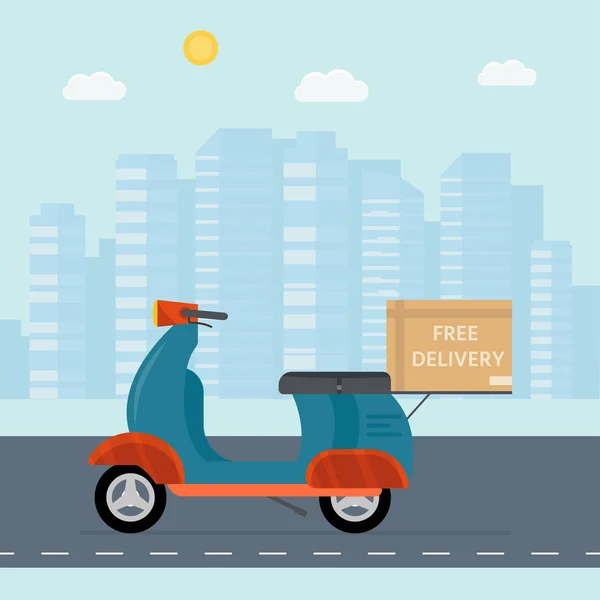 物流和送货服务理念 摩托车 自行车带包 滑板车和城市背景 邮政服务创意图标设计 矢量平图 — 图库矢量图片
