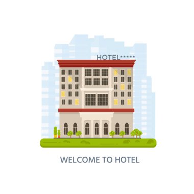 Pahalı lüks otel şehrin bina olan arabalar, şehir manzarası, önden görünüm cityscape sokak yol üzerinde düz vektör motel. Seyahat ve Turizm kavramı.