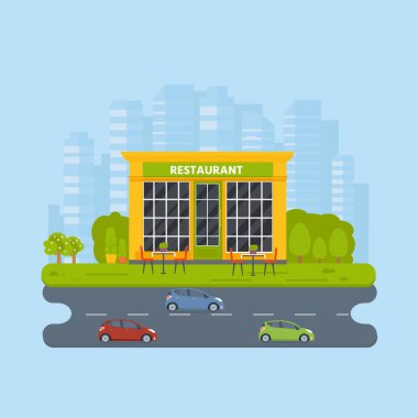 Vektör düz tasarım Restoran dış, dükkanı cephe mağaza açık pencere binalar simgesi şehir arka plan üzerinde.