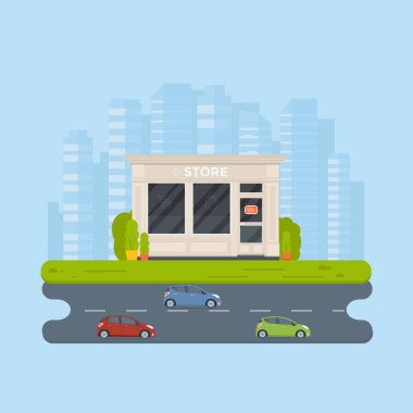 Vektör düz tasarım dış, dükkanı cephe, mağaza, süpermarket. Ön pencereyi simge beyaz arka plan üzerinde izole bina depolamak.