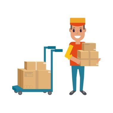 Beyaz arka plan üzerinde lojistik ve teslimat simgesi hizmet: paketler, kutusu, parsel ile kuryeler gülümseyerek. Posta servisi yaratıcı tasarım. Vektör düz çizim.