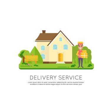 Beyaz arka plan üzerinde izole lojistik ve teslimat simgesi hizmet: paketler, kutusu, parsel ile kuryeler gülümseyen, ev, bina. Posta servisi yaratıcı tasarım. Vektör düz çizim.