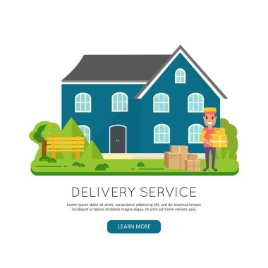Beyaz arka plan üzerinde izole lojistik ve teslimat simgesi hizmet: paketler, kutusu, parsel ile kuryeler gülümseyen, ev, bina. Posta servisi yaratıcı tasarım. Vektör düz çizim.