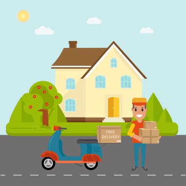 Lojistik ve teslimat hizmeti kavramı: motosiklet, paketleri, scooter, bina ve şehir arka plan ile kuryeler gülümseyerek. Posta servisi yaratıcı simgeleri tasarım. Vektör düz çizim