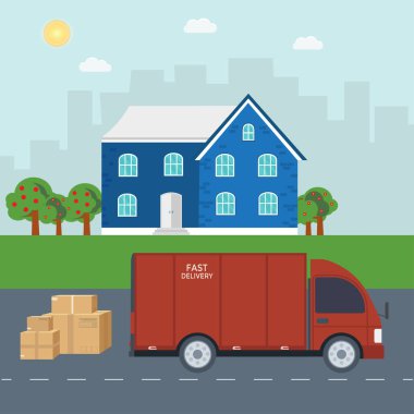 Lojistik ve teslimat hizmeti kavramı: kamyon, kamyon, van mağaza, dükkan ve şehir arka plan ile. Posta servisi yaratıcı banner tasarımı. Vektör düz çizim