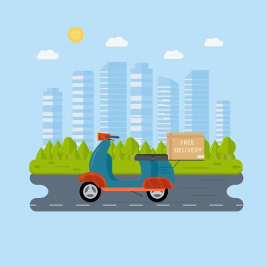 Lojistik ve teslimat hizmeti kavramı: motosiklet, Bisiklet paketleri ile scooter şehir arka plan üzerinde. Posta servisi yaratıcı simgeleri tasarım. Vektör düz çizim