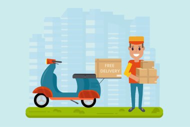 Lojistik ve teslimat hizmeti kavramı: motosiklet, paketleri, scooter, bina ve şehir arka plan ile kuryeler gülümseyerek. Posta yatay banner tasarımı. Vektör düz çizim