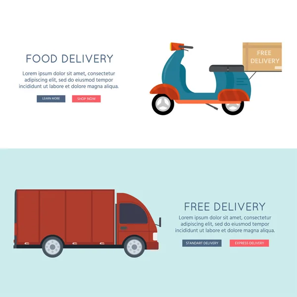 物流和送货服务理念 面包车与摩托车在白色背景 邮政服务水平横幅设计 矢量平图 — 图库矢量图片