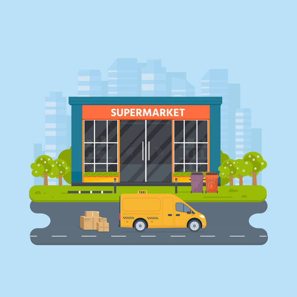 Vector flat design restaurants exterior and shops facade:  supermarket. Store front window buildings icon with city on the background.