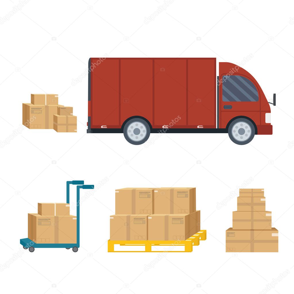 Logistics and delivery service set: truck with packages, helicopter, scooter, plane, cargo shipping, van. Postal service creative icons design. Vector flat illustration.