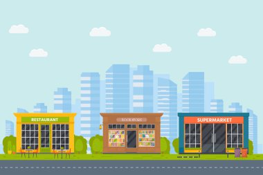 Şehir arka plan ile mağaza açık pencere binalar simgeler kümesi