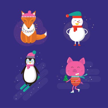 Güzel hayvanlarla dolu mutlu noel tebrik kartı.