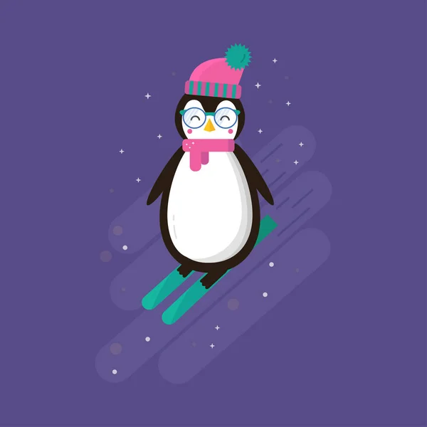 Merry Christmas Greeting Card Cute Penguin Ski — Stock Vector