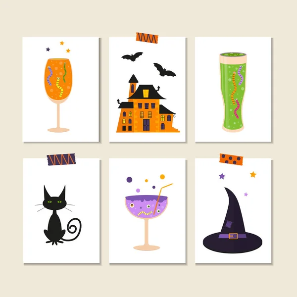 Verzameling Van Cute Vector Halloween Stickers Van Pompoen Kasteel Kat — Stockvector