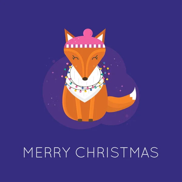 Merry Christmas Greeting Card Cute Animals Fox Hat Scarf Flat — Stock Vector