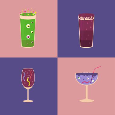 Dizi Cadılar Bayramı kokteyller, gözleri, solucanlar, kabarcıklar ve diğer korkunç semboller ile ürkütücü içecekler. 