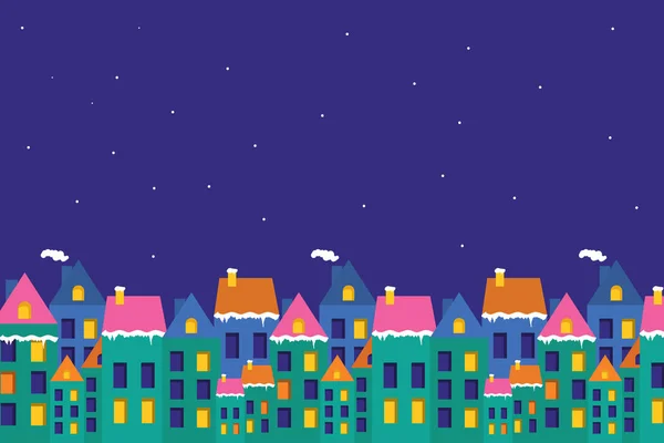 Joyeux Noël Carte Voeux Avec Des Bâtiments Enneigés Nuit — Image vectorielle