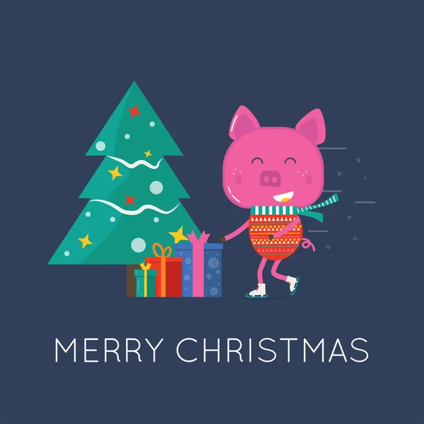 Весела Різдвяна Листівка Милою Свинею Ковзанах Подарунками Деревом — стоковий вектор