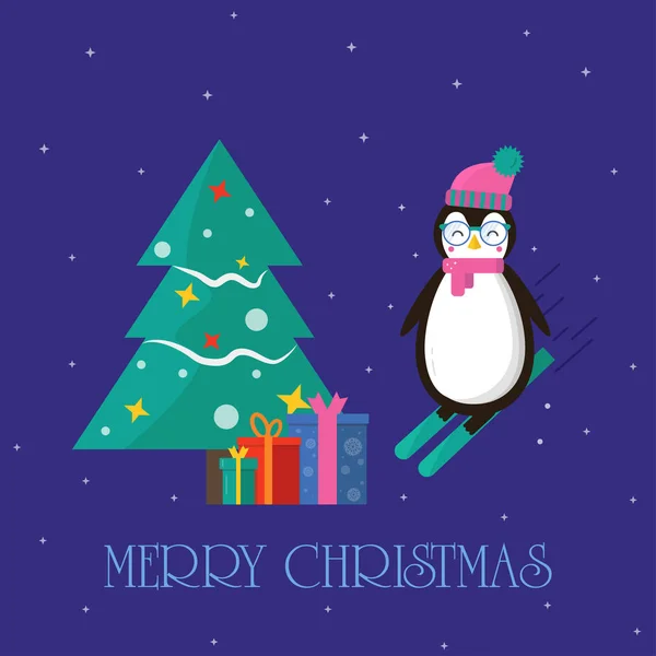 Весела Різдвяна Листівка Пінгвіном Лижах Подарунками Деревом — стоковий вектор