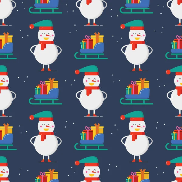 Nahtloses Muster Für Fröhliche Weihnachtsgrußkarte Mit Schneemännern Schlitten Und Geschenken — Stockvektor