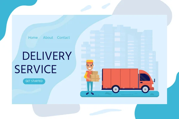 Concept Service Livraison Avec Courrier Souriant Colis Camion Bannière Web — Image vectorielle