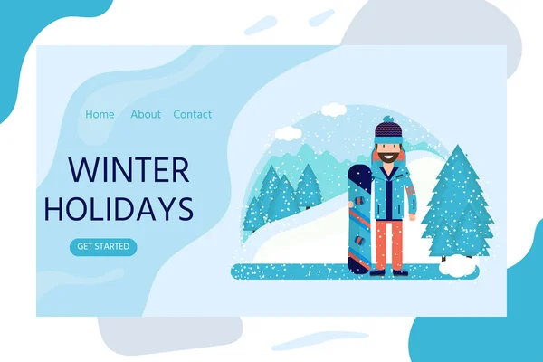 Banner Web Horizontal Diseño Plano Con Hombre Snowboard — Vector de stock