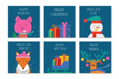 Sevimli karakterleri ve hediyeler ile neşeli Noel tebrik kartları