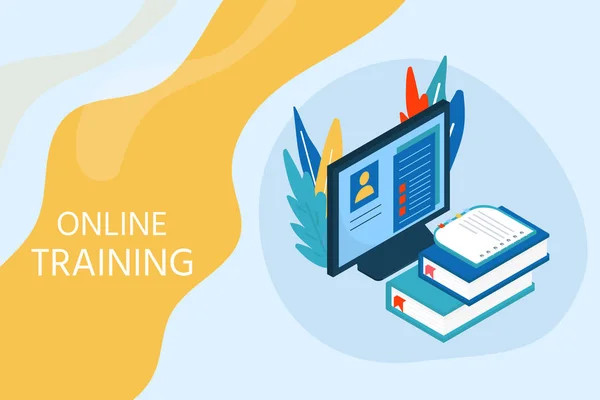 Online eğitim kavramı. İzometrik çizimde kitap ve bilgisayar eğitim kursları, dersler, konferanslar, uzmanlık, öğretim, dil öğrenme, üniversite eğitimi için. Vektör